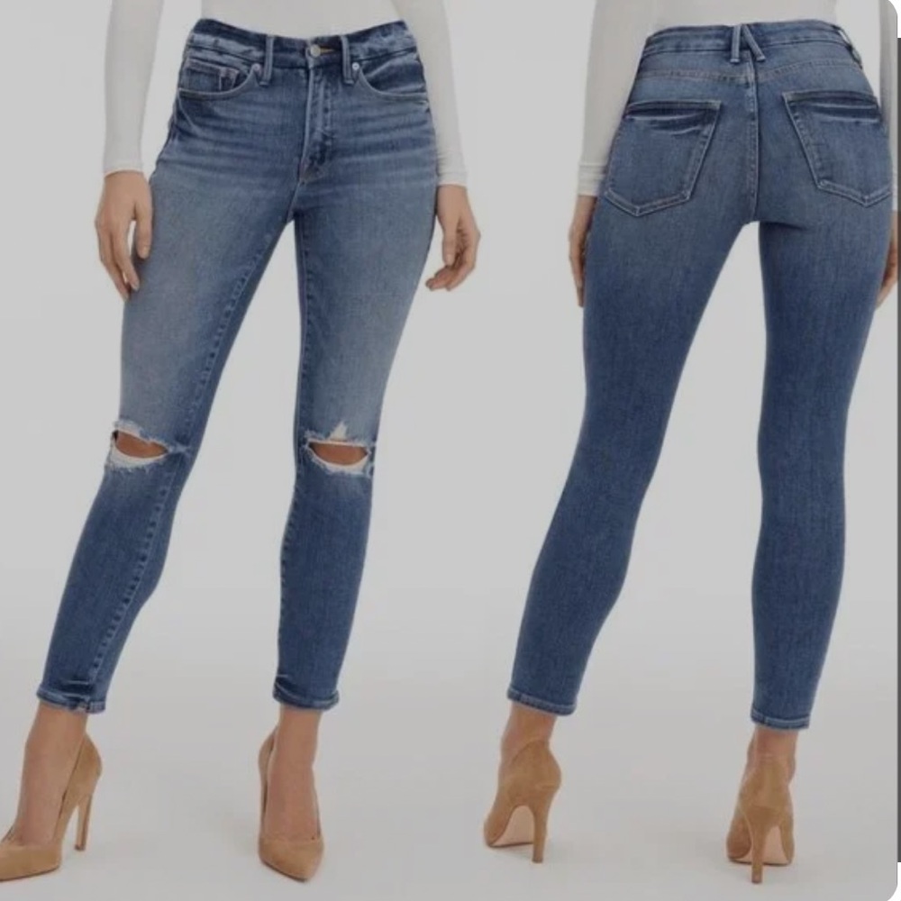 Good American Women's Good Legs Cigarette Distressed Knees Blue673 Size 30X26